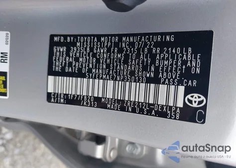 2022 Toyota Corolla Le из США, поврежденный, VIN 5YFEPMAE7NP350130